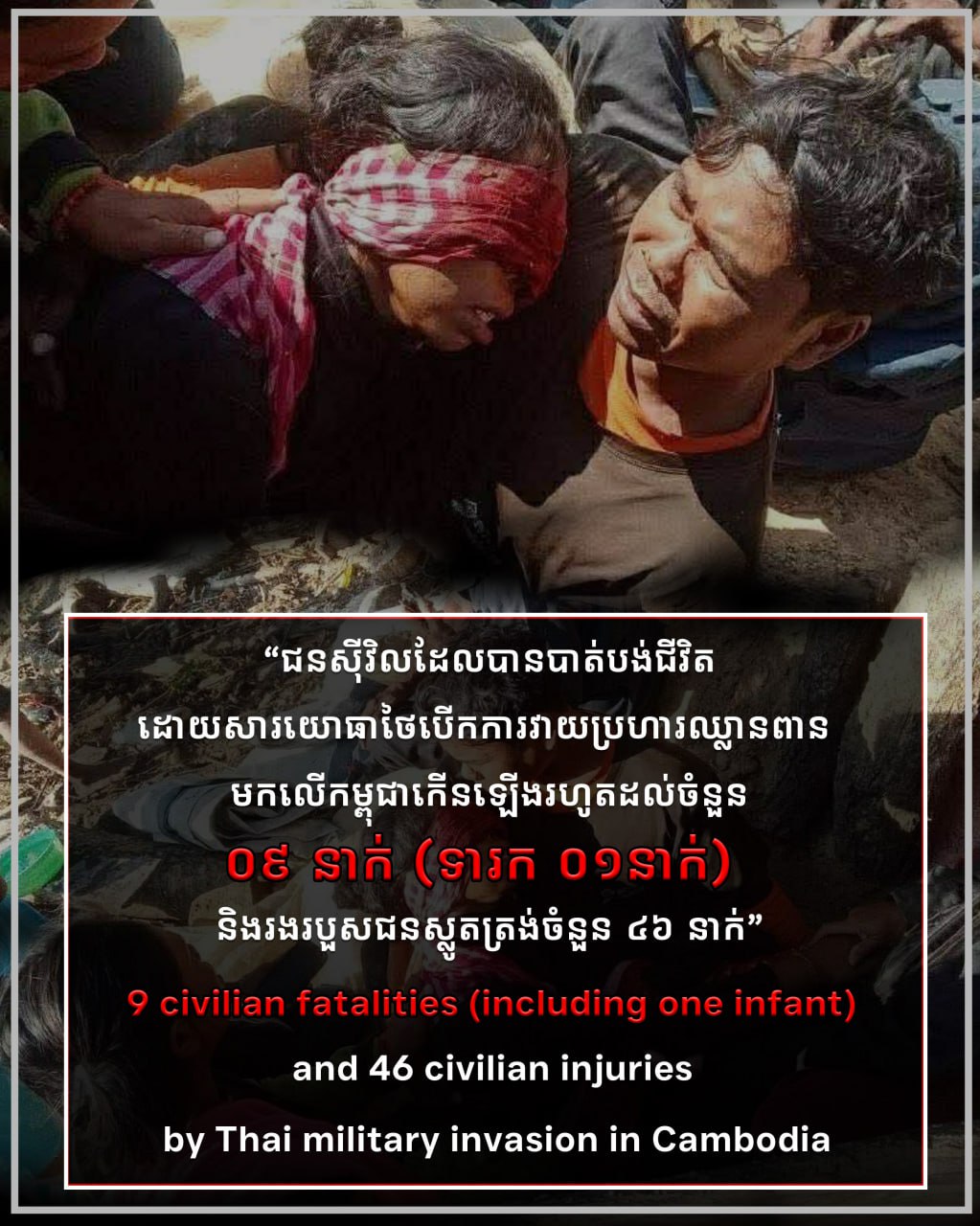 ជនស៊ីវិលកម្ពុជា៩នាក់ ស្លាប់ និង ៤៦នាក់ រងរបួស ដោយសកម្មភាពឈ្លានពានរបស់យោធាថៃ